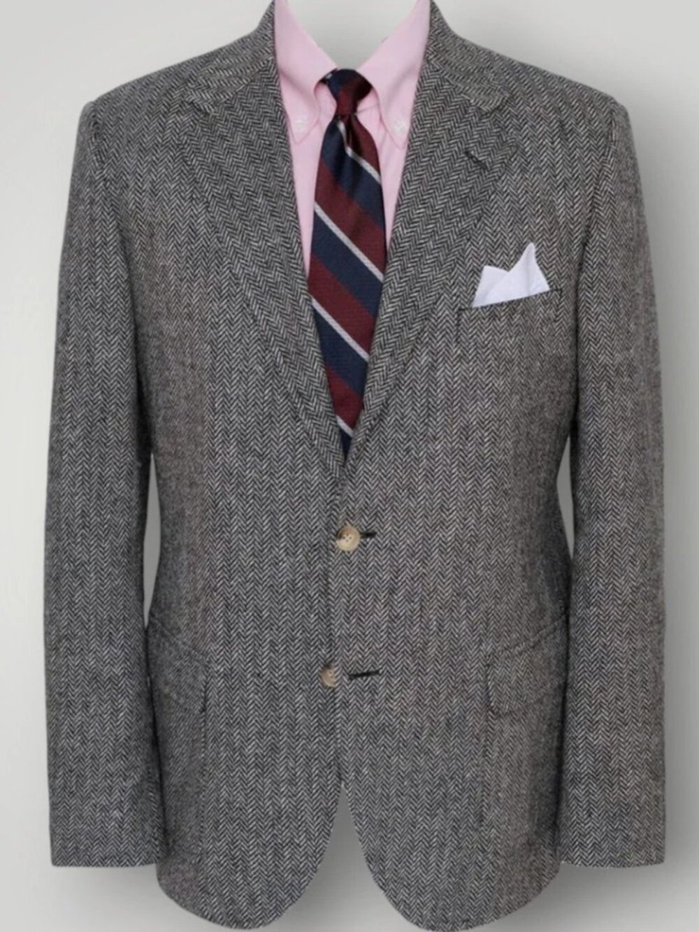 Mens Blazer Sport Coat Two Button Jacket 42L Gray Herringbone Tweed Wool